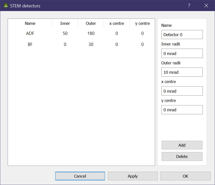 STEM detector dialog